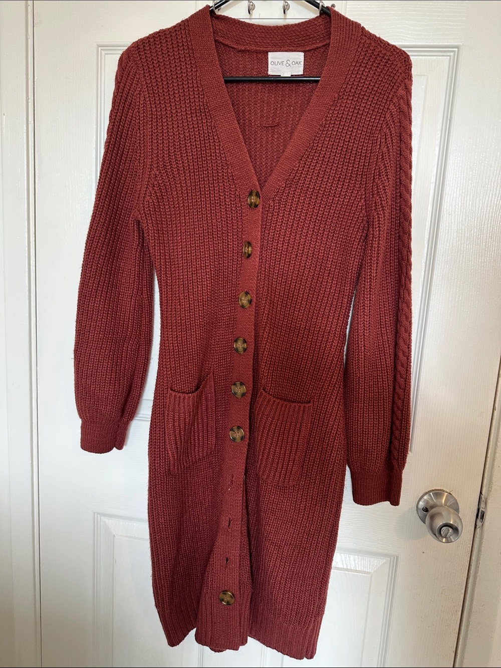 Olive & Oak Long Brick Red Button-Front Knit Cardigan